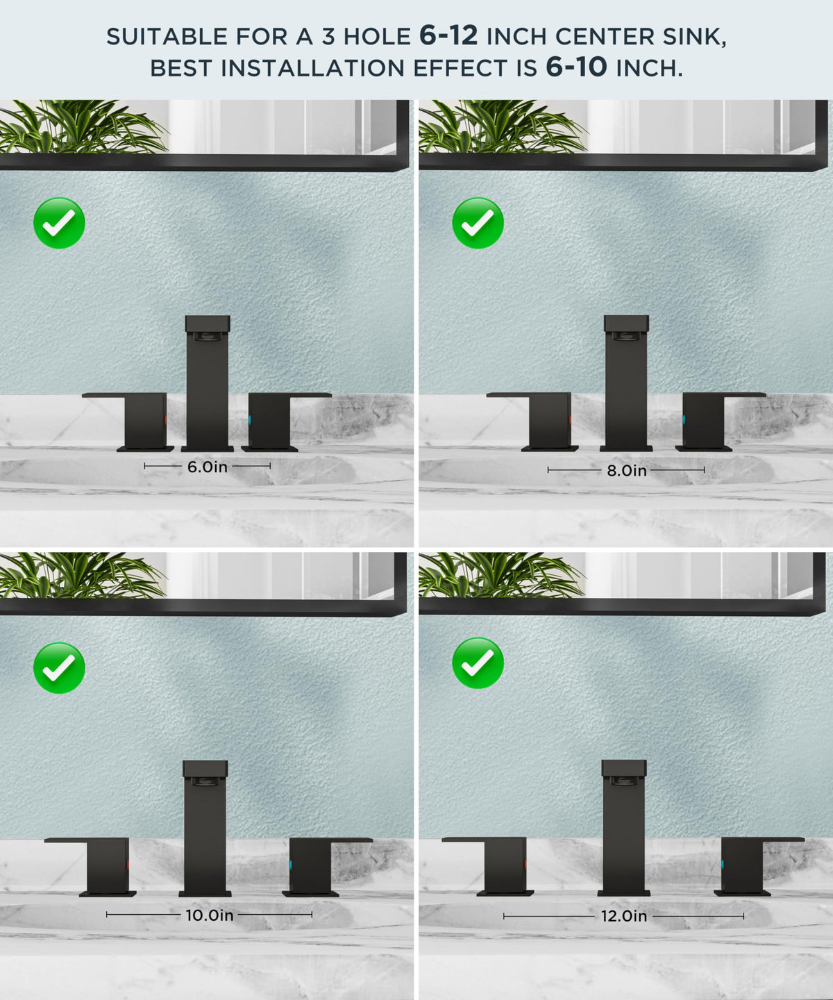 FORIOUS Black Bathroom Faucet 3 Hole, Matte Black Bathroom Sink Faucet Wide
