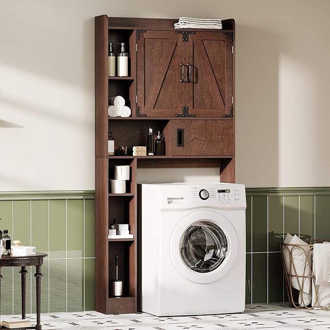 ChooChoo Over The Toilet Storage Cabinet, Farmhouse Bathroom Storage Cabinet with Sliding Door, Over Toilet Storage with Adjustable Shelves, Space-Saving, Walnut