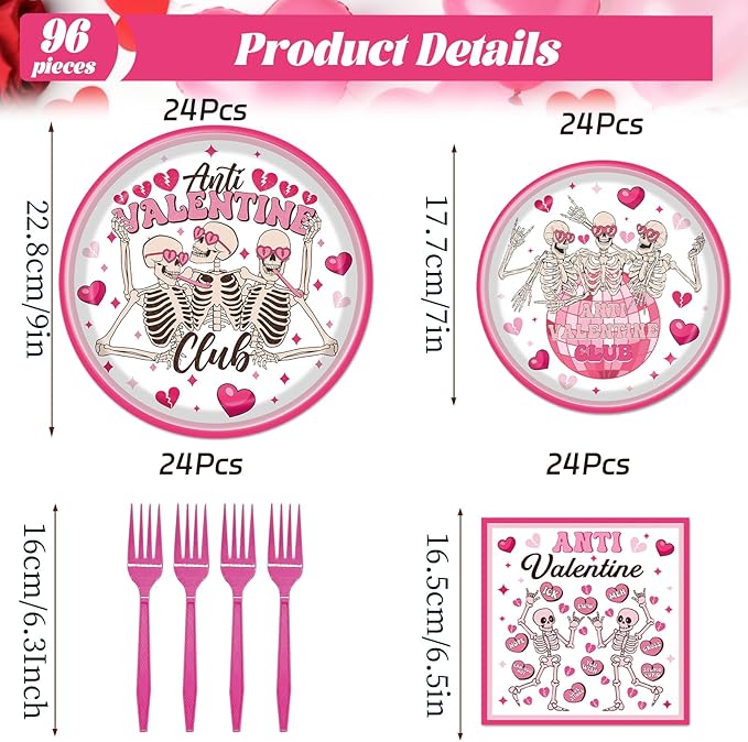 Rakuto Valentines Day Plates and Napkins Party Decorations, 96PCS Anti Valentine's Day Paper Plates and Napkins Decor, Galentines Anti Valentine Club Themed Forks Decoration for Home Wedding
