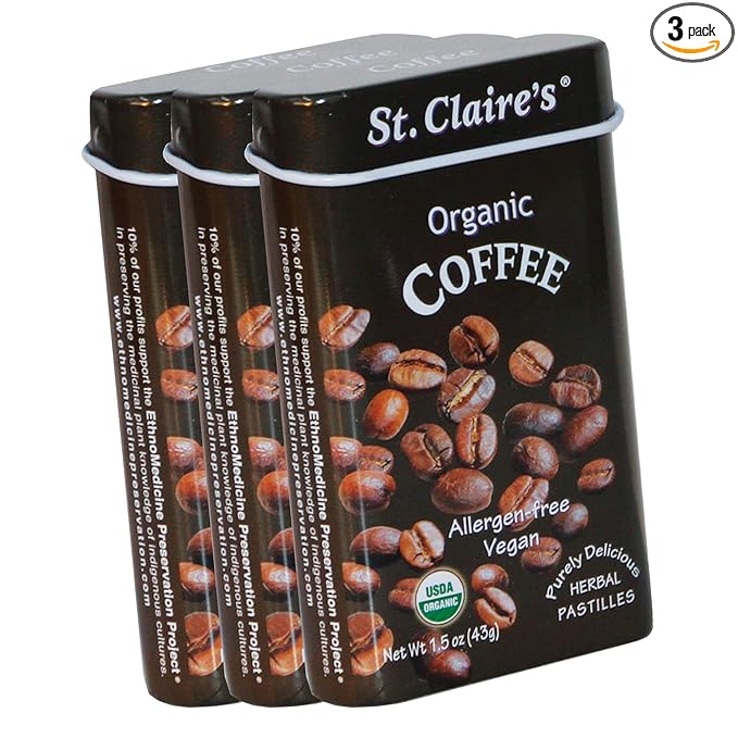 St. Claire's Organic Herbal Pastilles, (Coffee, 1.5 Ounce Tin, Bundle of 3) | Gluten-Free, Vegan, GMO-Free, Plant-based, Allergen-Free | Made in our Allergen-Free facility