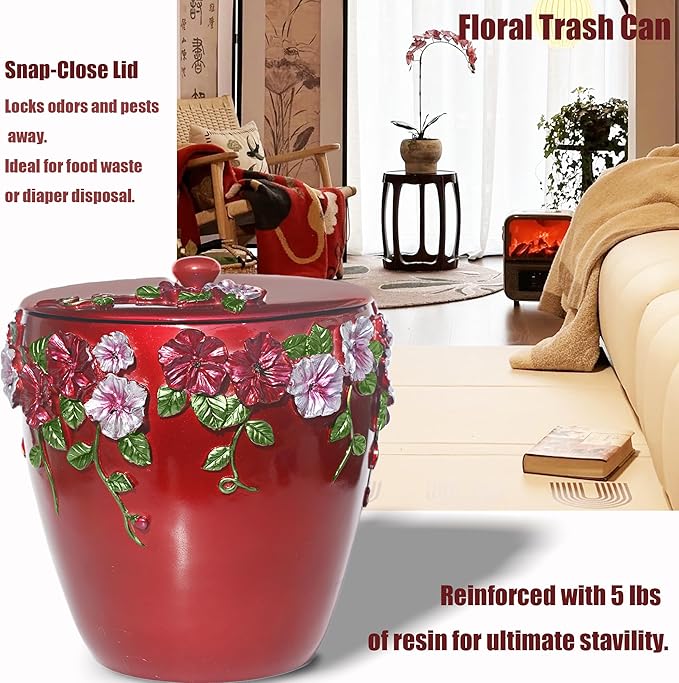 Bathroom Decor Accessories Set,6 PCS Including Soap Dispenser, Toothbrush Holder, Tumbler Soap Dish, Tissue Box and Trash Can, Red, Decorated with Flower