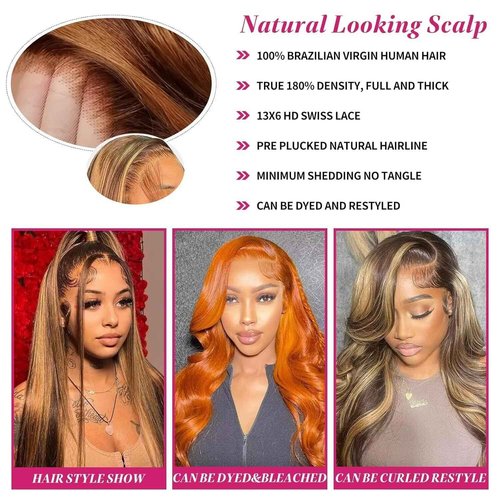 Arsola Ombre Highlight Lace Front Wigs Human Hair 180% Density 13x6 HD Transparent Pre Plucked Straight Lace Front Wigs Human Hair 20 Inch Glueless #4/27 Colored Honey Blonde Wig for Women