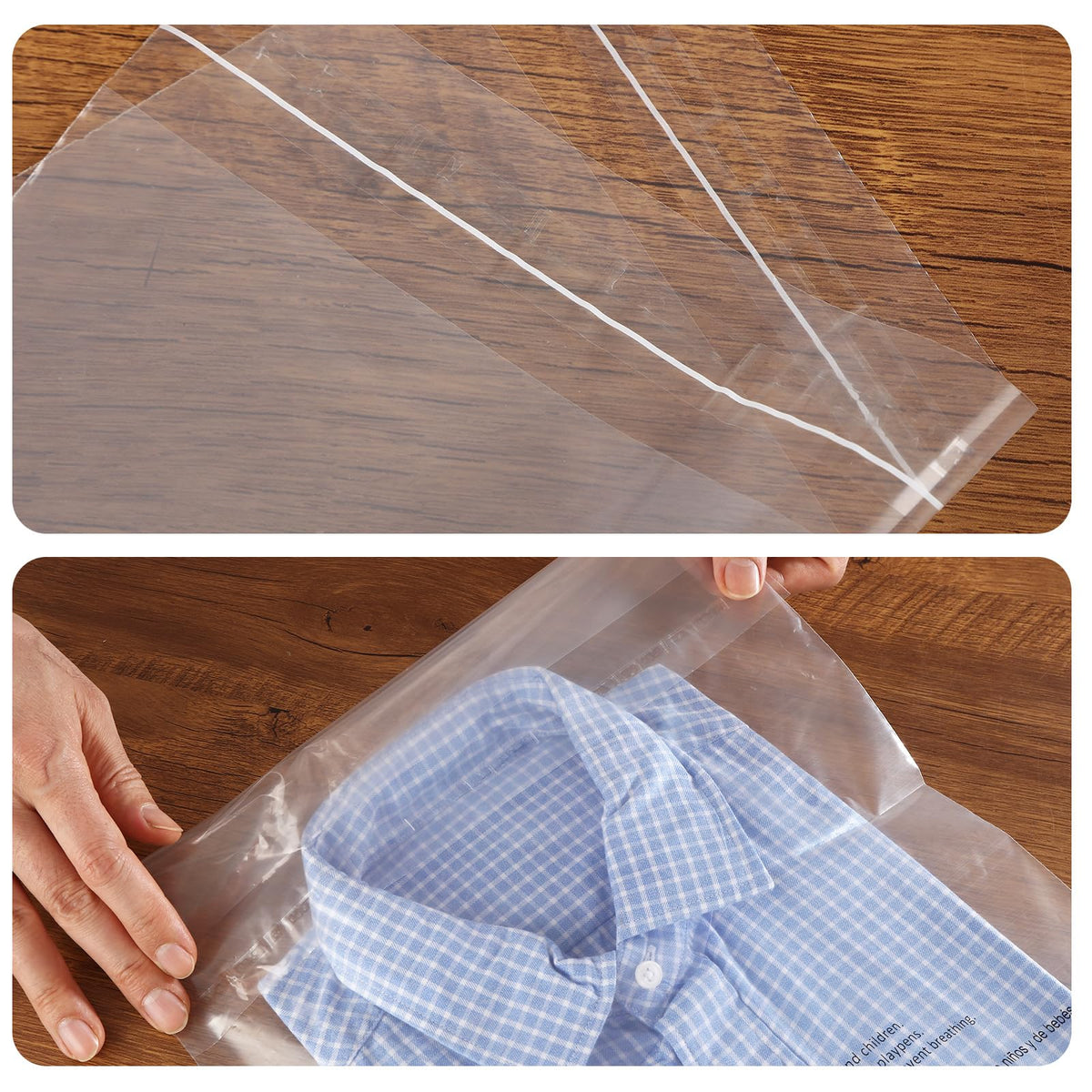 iMailer - 200 Count - 13" x 15" Clear Plastic Poly Bags with Suffocation Warning for Clothing, T-Shirts, Pants-Resealable Adhesive,Not Strong