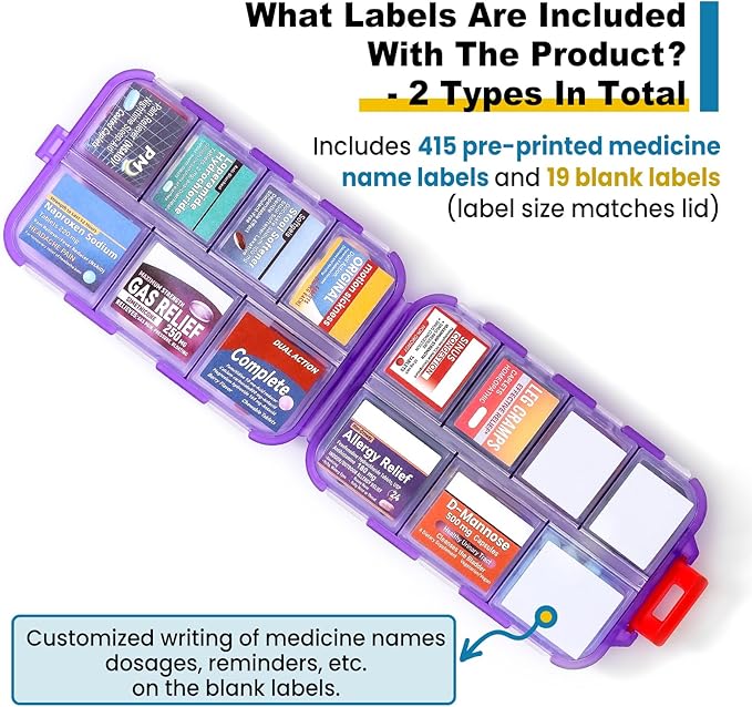 14 Grids Travel Pill Organizer Box with 415-Pcs Medicine Name Labels, Pocket Daily Pharmacy Case Container, Travel Medication Holder Dispenser Kit for Fish Oil Vitamin Supplement Storage -Clear Purple