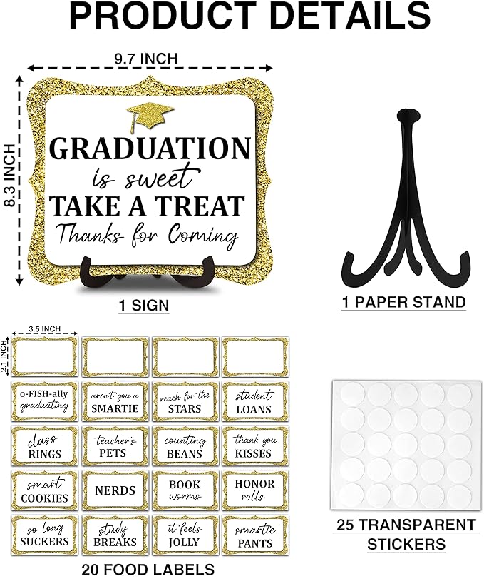 20PCS Graduation Candy Buffet Labels, 1 Gold Glitter Candy Buffet Table Sign with Stand, Catering Supplies Display for Graduation Decorations Class of 2026 -A05