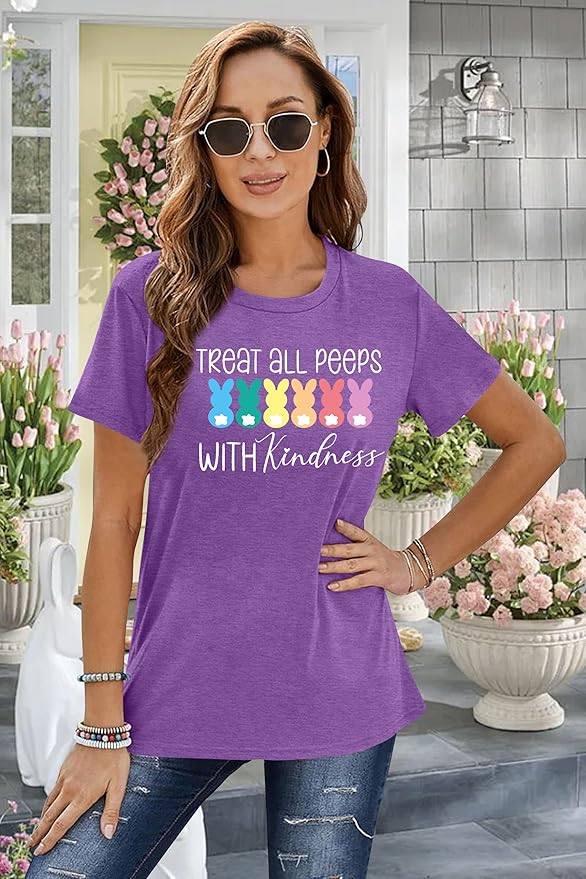 LAZYCHILD Women Easter Teacher Shirts: Funny Treat All with Kindness T-Shirt Bunny Rabbit Tee Tops