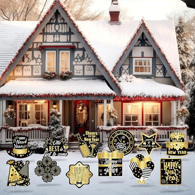 Amyhill 12 Pcs Happy New Year Outdoor Yard Decoration New Year Garden Lawn Signs with Stakes Holiday Waterproof Outdoor Decoration for Patio Lawn Walkway Party Decorations