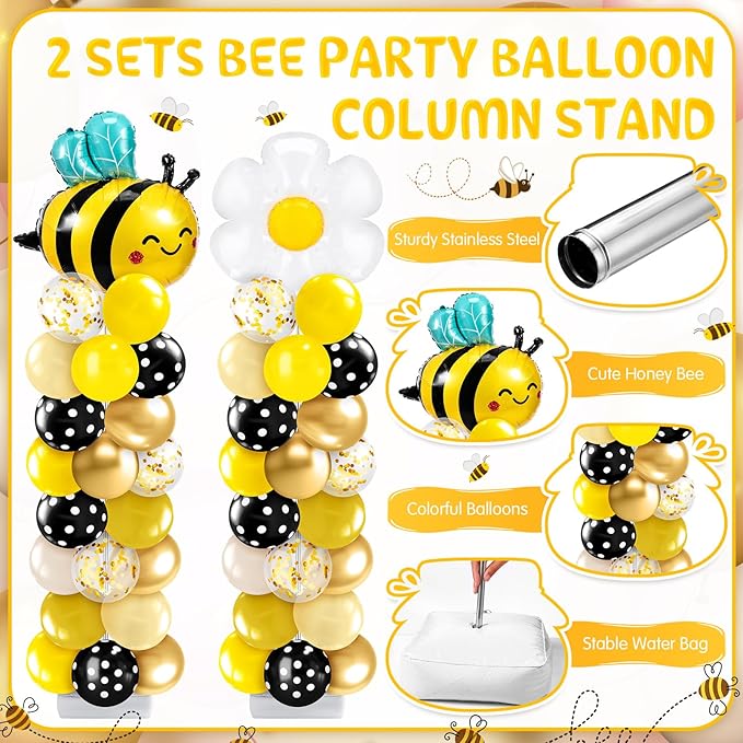 Kasyat 2 Sets Bee Theme Party Balloon Column Stand Kit with Bee Daisy Foil and 100 Latex Balloons, Adjustable Honeybee Balloon Stand Kit for Baby Shower Birthday Party Supplies