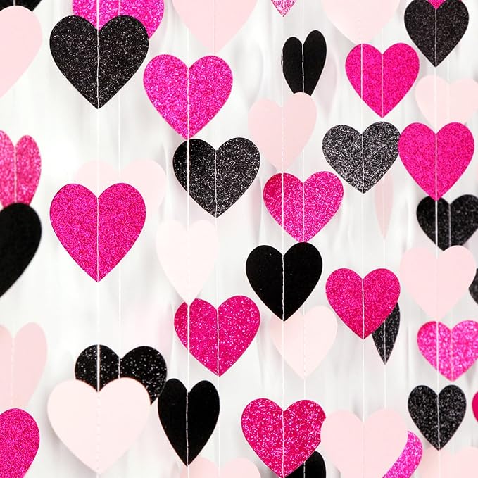 Hot-Pink Black Birthday Party-Decorations Streamers - 62FT Baby Girls Hanging Heart Garland Banner,Valentines Wedding Baby Bridal Shower Bachelorette Graduation Backdrop Decor Hugtmr