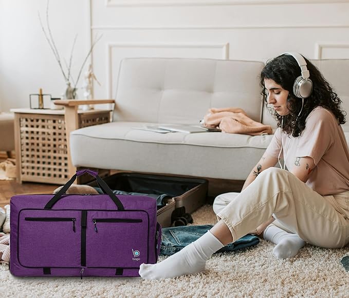 Bago Large Foldable Duffel Bags for Traveling Women & Men - 80L Packable Duffle Bag for Travel with Shoe Compartment - Water Repellant, Heavy Duty, Lightweight Folding & Collapsible (SnowDepPurple)