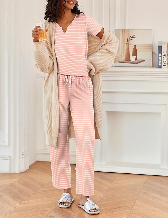 Ekouaer 2 Piece Womens Pajamas V Neck Short Sleeve Top and Long Pants Pjs Print Lounge Set Sleepwear