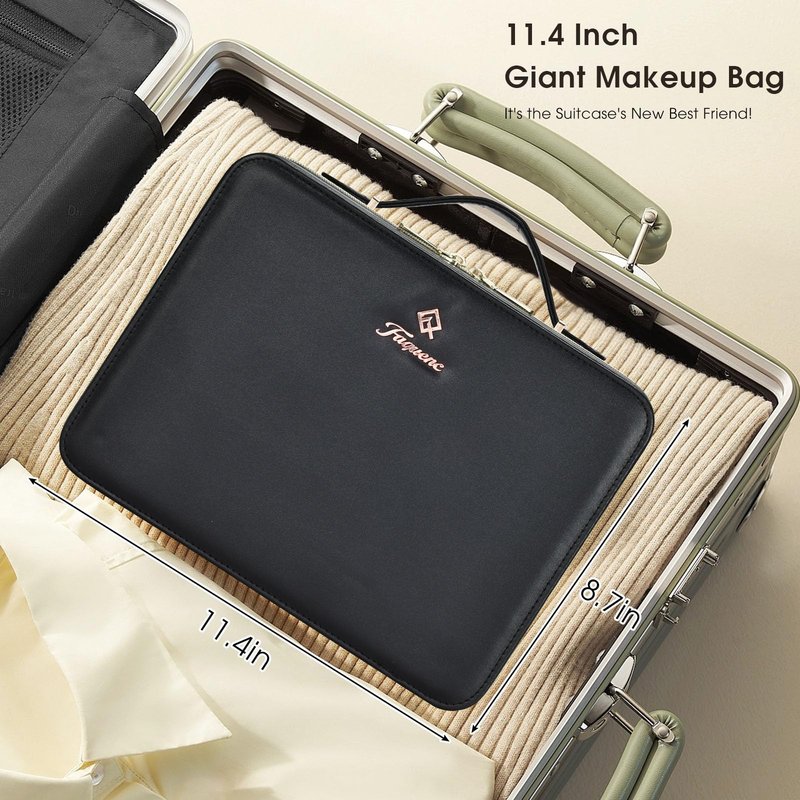 Faquenc 11.4 Inch Extra Large Makeup Bag with LED Lighted Mirror Leather Cosmetic Train Case Light up Mirror Portable Makeup Artist Storage Bag with Dividers Makeup Brush Holder Vanity Black