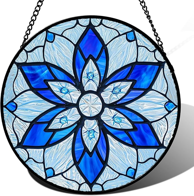 Stained Glass Window Hanging, Blue Tiffany Style Flowers Sun Catcher for Window Door Home Decor Suncatcher Christmas Mother's Day Birthday Gifts for Women Men Mom and Nana 11.8 in