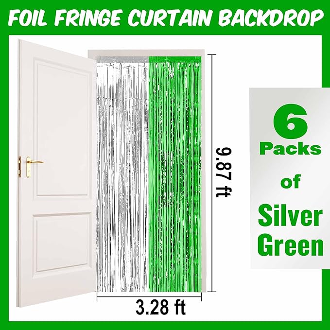 6 Pack Silver Green Foil Fringe Curtains Backdrop, 3.28 x 9.8 Ft Metallic Streamers Tinsel Curtains Background for Photo Booth, Birthday, Halloween, Christmas, Thanksgiving, New Year Party Decorations