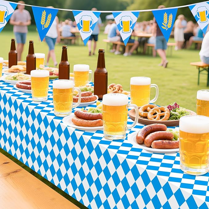 QIKSION Oktoberfest Tablecloth 2 Pack, 54 x 108 Inch Plastic Table Cloth Disposable, Oktoberfest Decorations Party Supplies