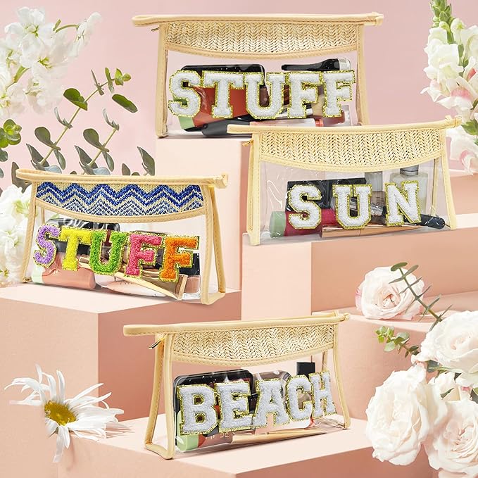Boho Hand-woven Makeup Bag, Chenille Letter Patch Clear Travel Pouch, Rattan Straw Bag Clear Cosmetic Sunscreen Bags, Women Summer Retro Travel Beach Bag Beach Essentials (Boho_Beige-Sun)