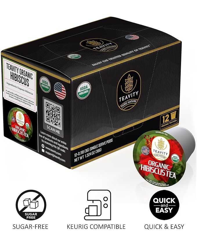 Organic Hibiscus Sabdariffa Tea Organic Naturally Decaf Tea Pods for Keurig by Teavity (12 Tea Pods)