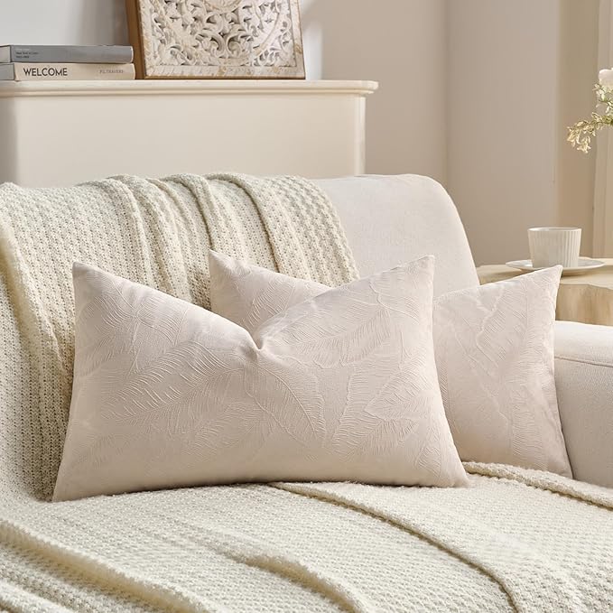 FUTEI Beige Velvet Throw Pillow Covers 12x20 Inch Set of 2,Soft Embossed Leaf-Relief Textured Lumbar Pillow Cases,Natural Home Decor for Couch Living Room