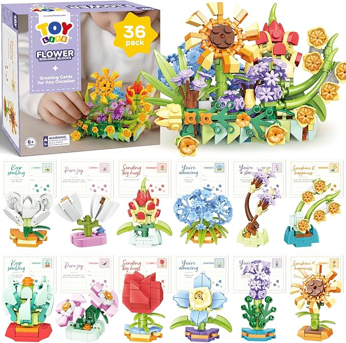 TOY Life 36 Pack Party Favors for Kids, Tiny Plants Mini Flowers Building Blocks Set for Classroom Prize, Flowers Botanical Succulents Building Toy with Cards, Easter Basket Stuffers for Boys Girls 6+