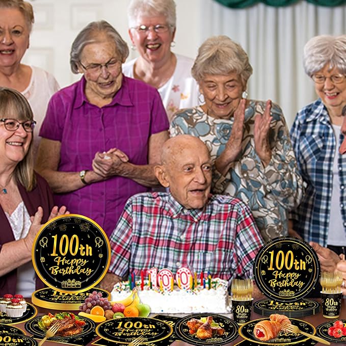 120Pcs 100th Birthday Party Supplies Plates Napkins Cups Forks Tableware Set Gold Black Happy 100th Birthday Themed Disposable Tableware Decoration Serves 24 Guests for Men Women 100 Years Old