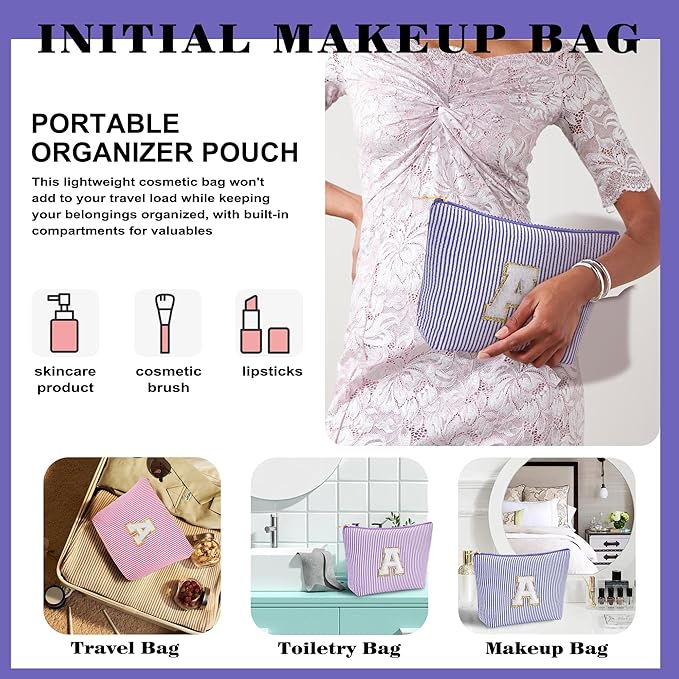 Travel Makeup Bag Organizer - Travel Essentials Toiletry Bag for Women, Initial Travel Toiletry Bag with Zipper | Preppy Stuff Birthday Gifts for Women Mom Daughter, Blue Letter G