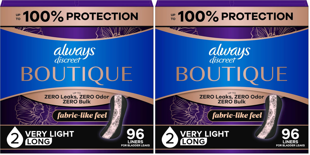 Always Discreet Boutique Incontinence Panty Liners for Bladder Leaks, Size 2, Very Light Absorbency, Long Length, 96 Count (Pack of 2)