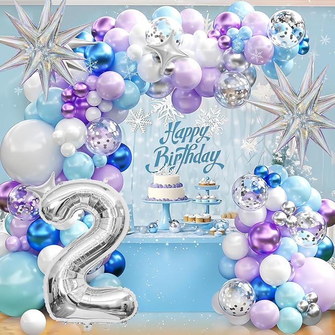 Snow 2nd Birthday Decorations Girl, Snowflake Balloon Garland Arch Kit, Laser Explosion Star Balloons, Silver Number 2 Balloon Tower for Baby Shower Girls 2nd Snow Theme Party Supplies