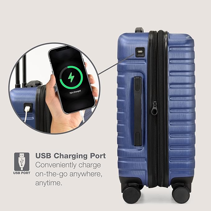 U.S. Traveler Boren Expandable Hardside Rugged Travel Luggage with 8 Spinner Wheels, Navy, Carry-on 22-Inch