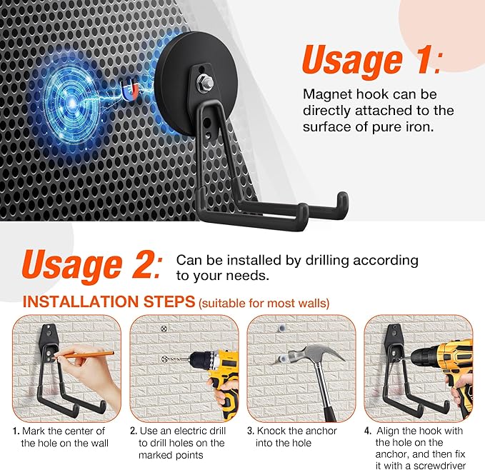 4 Pack Large Strong Magnetic Hooks for Hanging Heavy Duty, 3.5in Neodymium Magnet Storage Utility Hooks, Steel Long Magnetic Holder/Hanger Hook Organizer for Hanging Garage/Garden/Power Tools Black