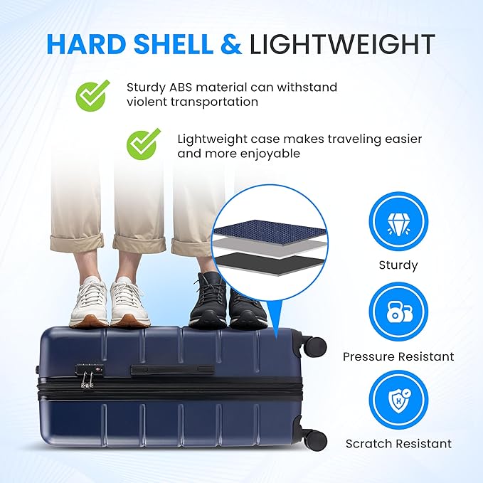 Simple Deluxe 28 Inch Expandable Hardside Carry On with Spinner Wheels & TSA Lock, ABS Hard Shell Lightweight Rolling Luggage Suitcase, Blue