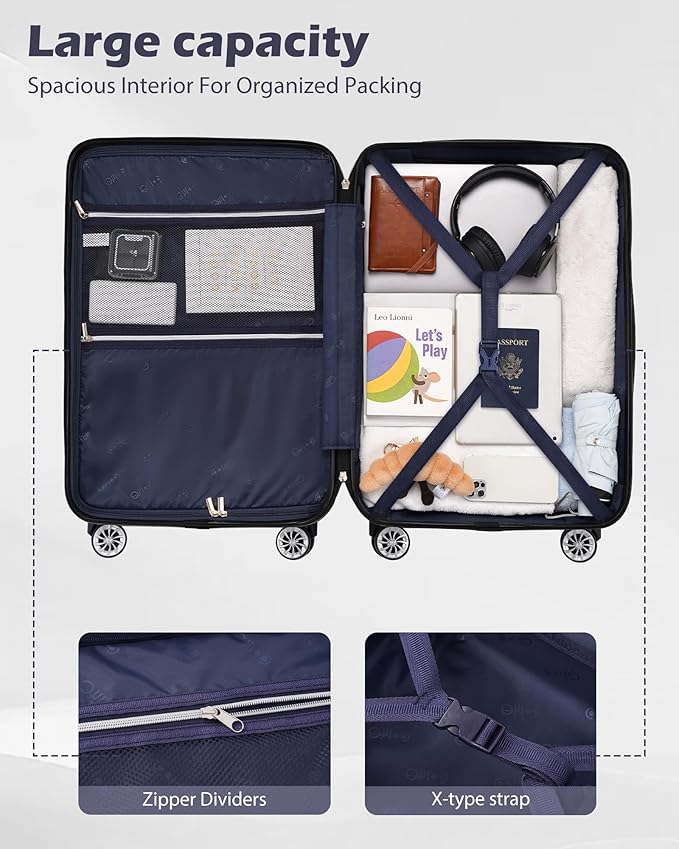 Coolife Luggage Sets, 5 Piece Durable Suitcase, Lightweight Carry on Luggage with PC+ABS Hardshell, Dual Spinner Wheels, TSA Lock and YKK Zipper (white grid new, 5 piece set)