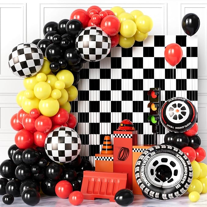 128pcs Race Car Balloon Arch Kit, With Red Black Yellow Balloons Large Foil Tire Balloon and Race Car Foil Fringe Curtains Backdrop for One Two Fast Birthday Party Decorations for Boys