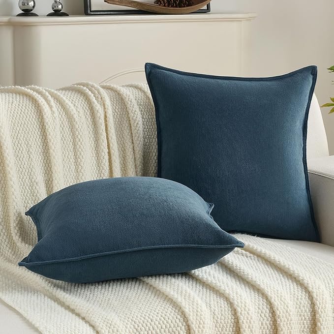 FUTEI Navy Blue Chenille Throw Pillow Covers 16x16 Inch Set of 2,Edges Double-Stitched Cushion Cases,Modern Home Decor for Couch Living Room