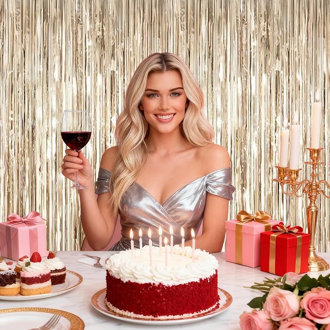 2Pack Champagne Gold Foil Fringe Backdrop Curtains, Tinsel Door Streamers, Fringe Backdrop for Birthday Decorations Graduation New Years Eve, Wedding, Baby Shower, Gender Reveal, Disco Party Decors