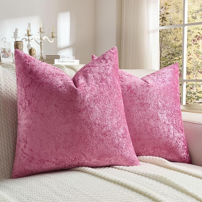 FUTEI Hot Pink Flannel Throw Pillow Covers 16x16 Inch Set of 2,Soft Dimensional Textured Cushion Cases,Modern Home Decor for Couch Living Room