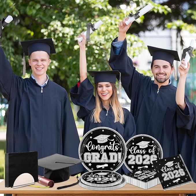 Graduation Plates and Napkins 2026,Black and Silver Graduation Decorations 200pcs Graduation Paper Plates and Napkins Graduation Party Supplies for Graduation Party Decorations,Serve 50
