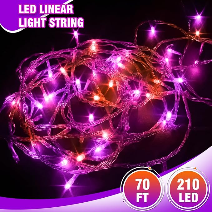 70 ft Purple-Orange LED String Lights – 210 LEDs on Transparent Wire, Waterproof & Connectable Holiday Décor – Spooky Halloween & Warm Christmas Ambiance