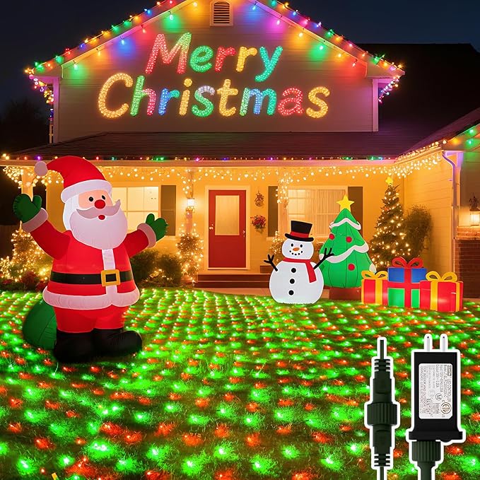 LitHome 14.8FT x 5FT Christmas Net Lights Outdoor, 300 LED Red Green Bush Lights with 8 Modes, Connectable Waterproof Net Mesh Light Dark Green Wire for Bushes Shrubs Outdoor Christmas Holiday Decor
