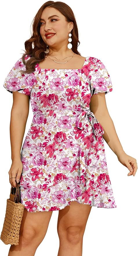 Sampeel Womens Summer Dresses Square Neck Puff Sleeve Tie Waist Short Dress