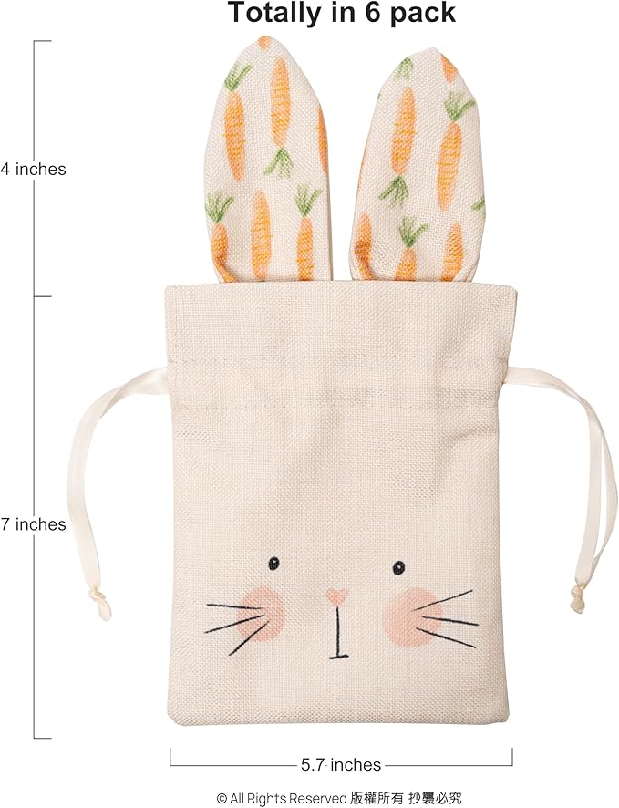Cheerland Bunny Birthday Decoration Party Gift Bags Easter Treat Bags Bunny Favor Bag Reusable Burlap Goodie Rabbit Drawstring for Somebunny is One Kids Baby Shower Garden Tea Party Supplies Pack of 6
