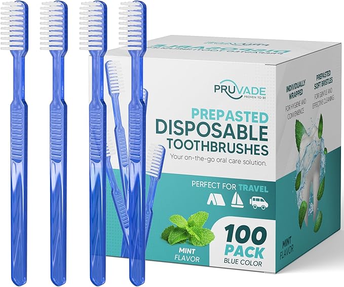 100 Pack Disposable Toothbrushes with Toothpaste Built In | Mint Prepasted Toothbrushes Individually Wrapped - Blue Single Use Waterless Toothbrush with Soft Bristles for Work, Camping, Travel