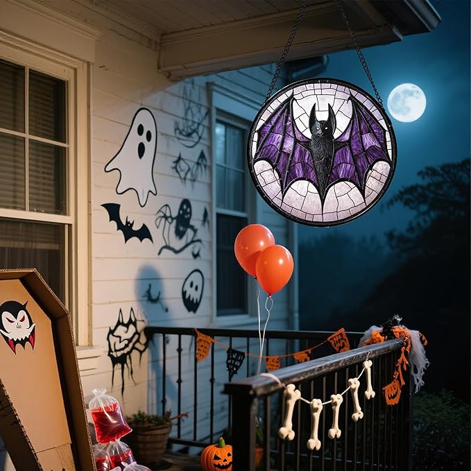 Stained Glass Window Hanging - Halloween Black Bat Purple Wings Monster Suncatcher for Doors Garden Home Spooky Sun Catchers Gothic Decor Horror Gift for Women Men Friend Boy Girl 9.8 in