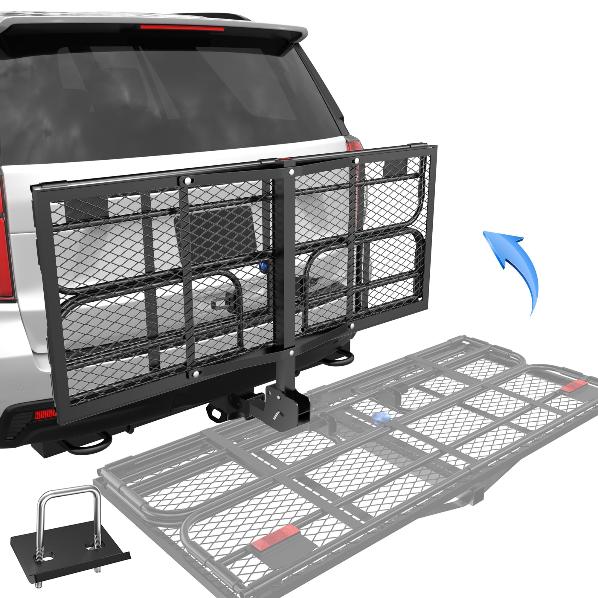 KUIPERAUTO 60 x 24 x 14 Folding Rack Hitch Mount Cargo Carrier 500 Lbs, 2 Hitch Receiver, Button Lock Luggage Basket Heavy Duty