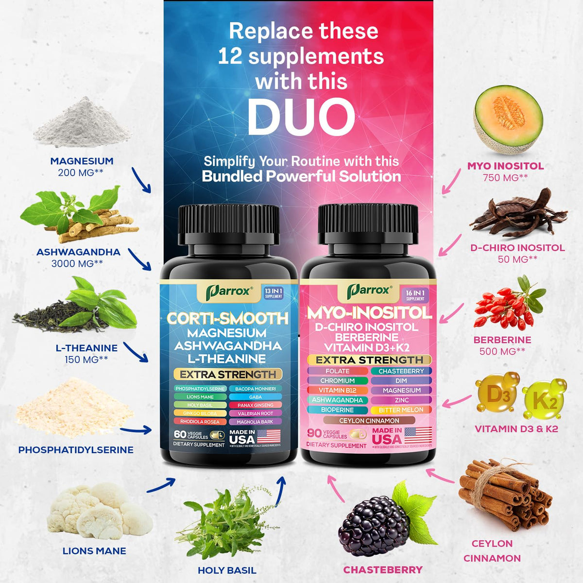 Parrox Cortisol & Myo-Inositol Supplement Bundle, Soothe & Smooth Bundle, 13-in-1 Cortisol Balance, Magnesium, Ashwagandha, L-Theanine, D-Chiro Inositol, Folate, Berberine, Chasteberry (150 Capsules)