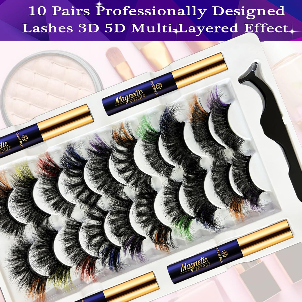 DUOERLA Magnetic Eyelashes 8D Luxury Volume Fluffy Colored Eyelashes Magnetic Lashes with Eyeliner Kit, Cat-Eye 18-23MM Long Cruelty-Free&Vegan 10 Pairs