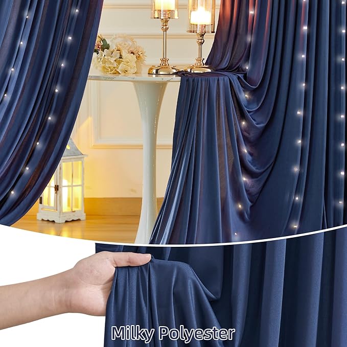 20 x 10ft Navy Blue Backdrop Curtains with Lights String Wrinkle Free Polyester Photo Backdrop Drapes Soft Fabric Curtains for Graduation Birthday Parties Wedding Shower Reception Events-5 x 10ft x 4P