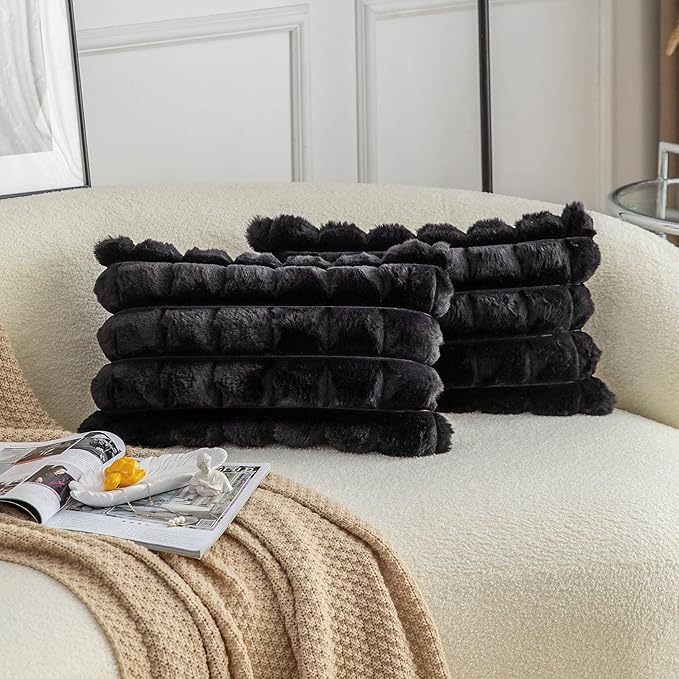 Neelvin Black Faux Fur Cozy Soft Plaid Decorative Throw Pillow Covers 12x20 inch Set of 2,Velvet Pillowcase Cushion Case for Sofa Couch