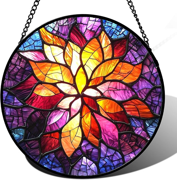 Stained Glass Window Hanging, Fuchsia Abstract Flowers Suncatcher for Window Home Decor Orange Sun Catcher Mother's Day Birthday Gifts for Women Men Mom Nana 15 in