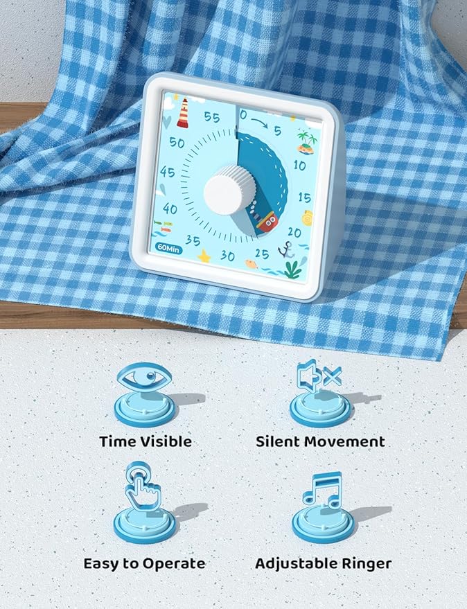 LIORQUE 60 Minute Visual Timer for Kids, Visual Countdown Timer for Classroom Office Kitchen with 'Boat' Pattern Design, Pomodoro Timer with Silent Operation (Batteries Included)