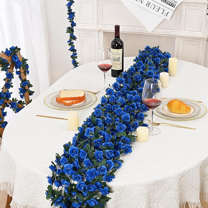 MARTINE MALL Flower Garland Rose Vines, 5 Strands 41Ft Flowers Vines for Bedroom, Rose Flower Garland Decoration, Sapphire Rose Floral Garland for Room Table Birthday Wedding Party Garden Wall Decor